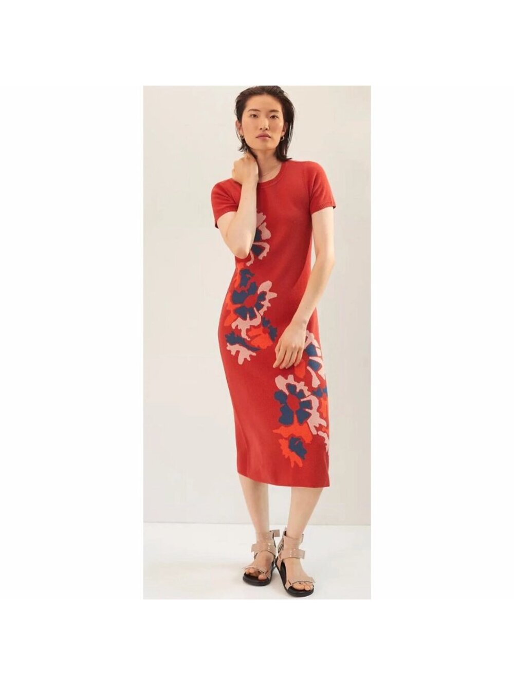 Anthropologie Dolan Floral Knit short sleeve Midi Dress Red womens size small s